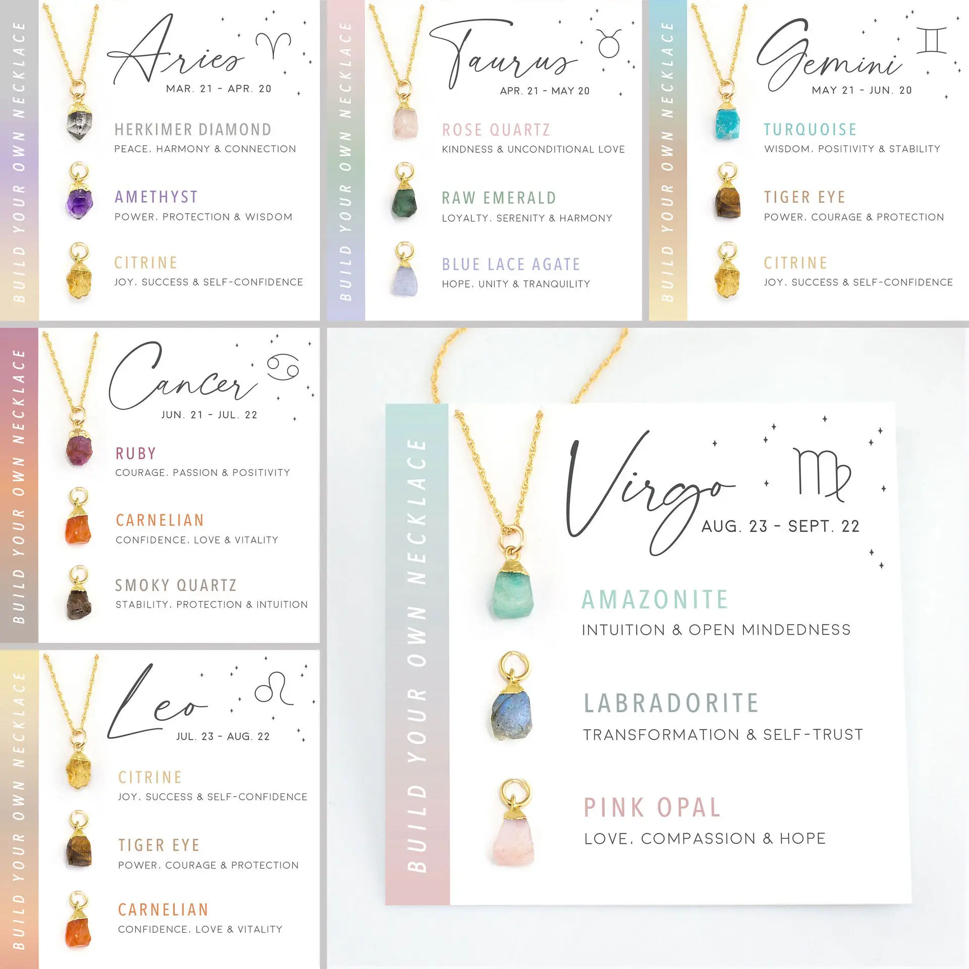 New Natural Stone Healing Crystal Gemstone Birthstone Necklace Set For Women Genuine Raw Stone Pendant Zodiac Necklace With Card