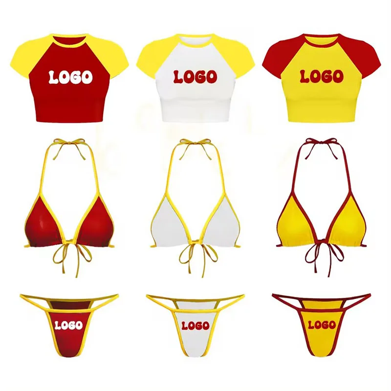 OEM Factory Custom Private Brand Pattern Print Mini Micro String High Waist Leg Triangle Bikini Set Swimwear Swimsuit For Women