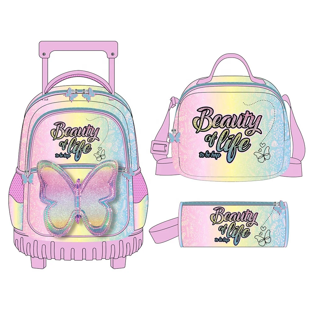 2024 Custom Fashion Wheeled Trolley Backpack Bags Good Quality 3 in 1 Girls School Trolley Backpack
