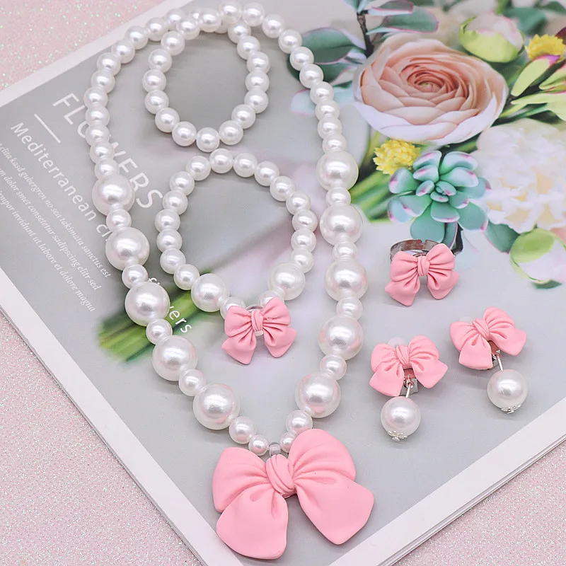 Kids Beaded Pearl Necklace and Bracelet 3 Sets Little Girls Jewelry Necklace with Earring Ring 5pcs Set  Pearl Necklace for Baby