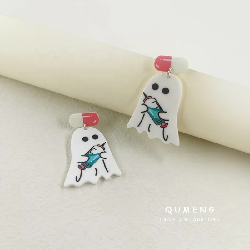 New Ins Cute Unique Funny Pill Capsule Ghost Doctor Syringe Acrylic Print Earrings For Women Medicine Fashion Halloween Jewelry