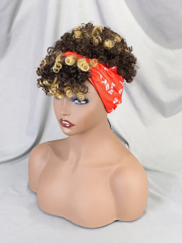 Brazilian Virgin Afro Wig With Headband Glueless Short Bob Wig For Black Women Machine Made Non Lace Pixie Curly Human Hair Wig