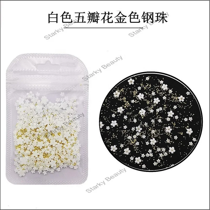 Hot selling nail art flower accessories 3D gold and silver beads mixed