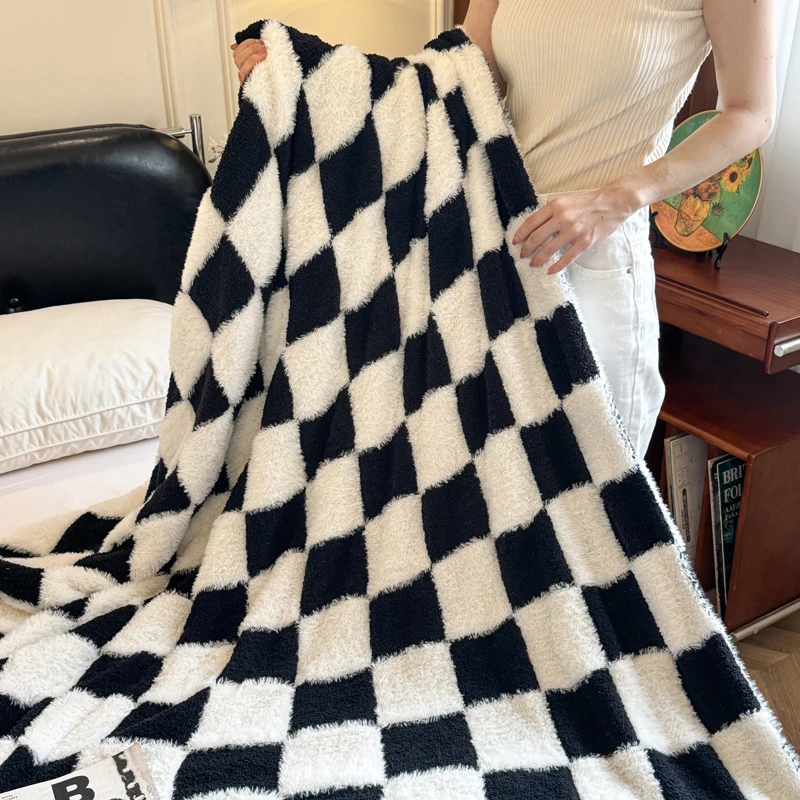 100% Polyester Baby Blanket 50*60in Fluffy Knitted Throw with Solid Striped Pattern Azo-Free Soft Feather Yarn Checkered Design