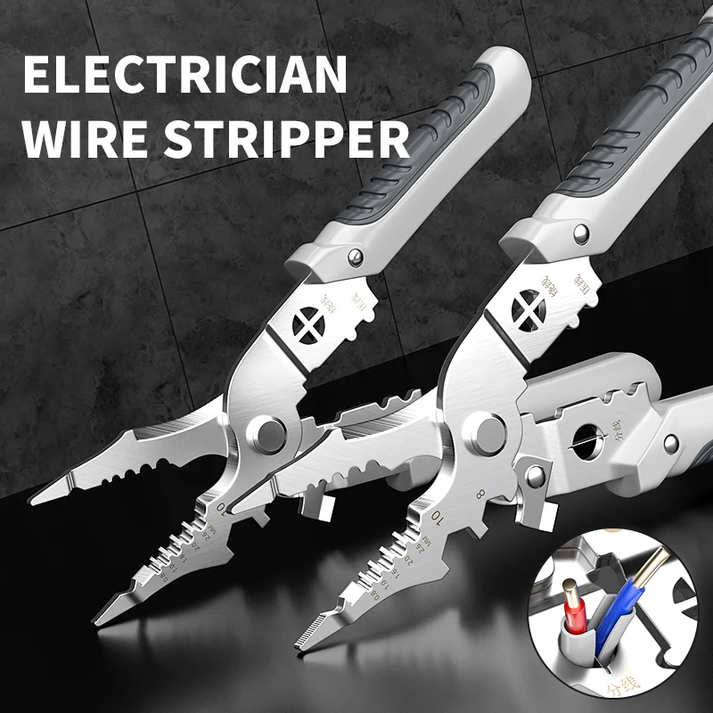 Special tools for electricians: multifunctional pliers, wiring pliers, universal wire and cable scissors, wire pressing pliers.