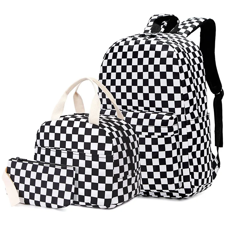 Checkered Boys Girls School Backpack Set, Student Kids Teens School Bag Bookbag with Lunch Bag Pencil Bag