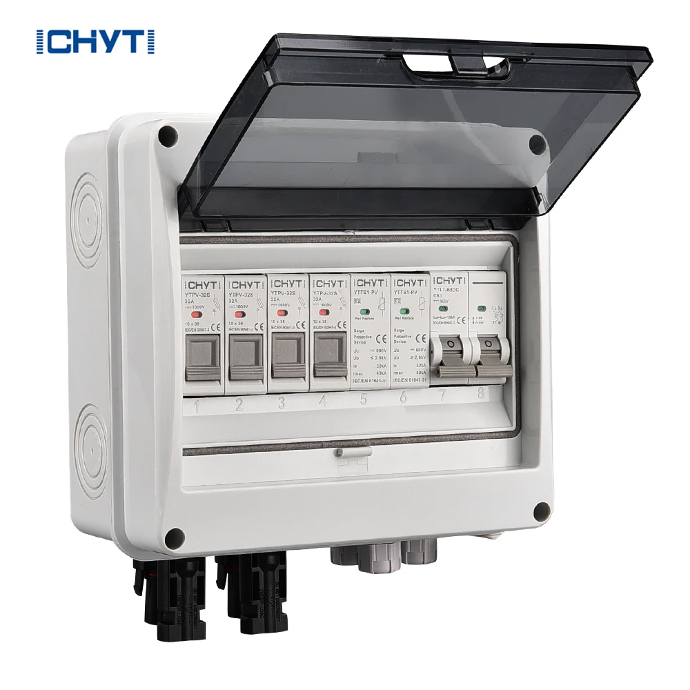 NEW CHYT 2 In 1 Out 600V Outdoor Waterproof for solar panel mounting IP65 PV Solar Surge Lightning Protection DC Combiner Box
