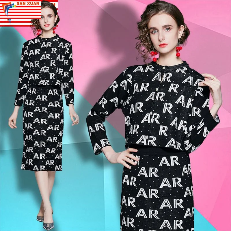 2023 spot new product elegant casual wear jacquard knitted one-neck jacket + vest + half lady dresses three-piece suit