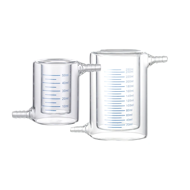 Laboratory High Borosilicate 3.3 Glass double dual layer wall Jacketed reaction measuring cup beaker with scale