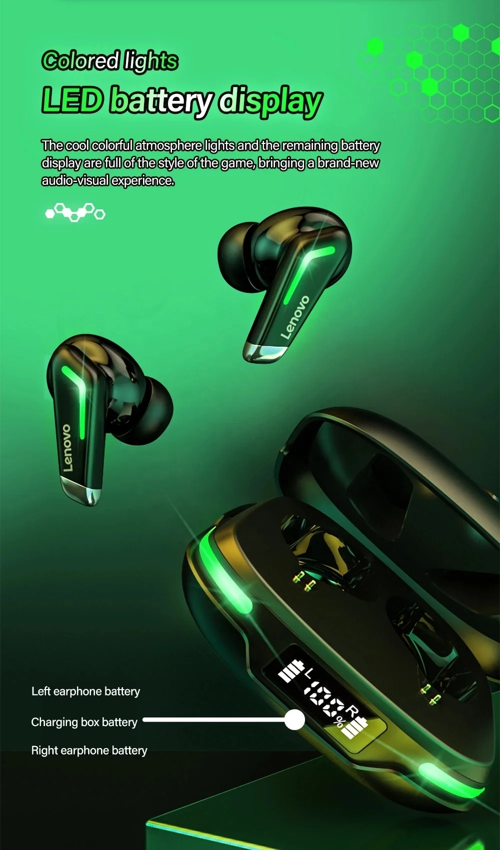 Original Lenovo GM3 Gaming Headphone With Digital Display TWS Low Latency Gaming Headset Noise Cancelling for Game Play