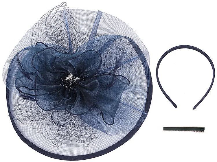 Модная Женская шляпка для вечеринки, свадебные вуалетки, цветочные, темно-синие перья, Вуалетка, повязка на голову