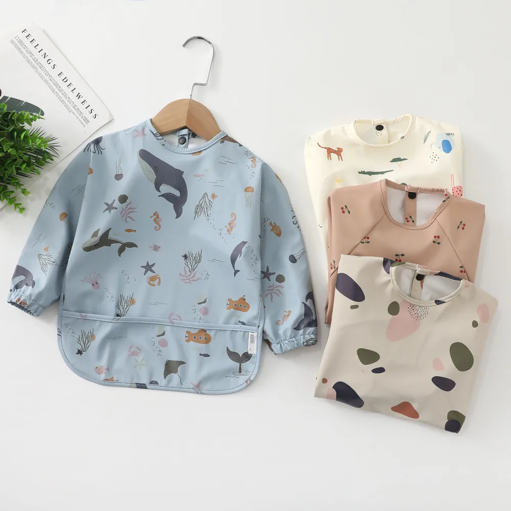 Boho Neutral Cartoon Patterns Long Sleeve Baby Art Smock Bibs Toddler Boys Girls Baby Bib Waterproof Feeding Long Sleeves Apron