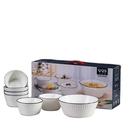 Ceramic White Porcelain Dinnerware Set Includes Bowl Plate Soup Dish & Spoons Home Hotel Restaurant Dining Features Black Rim