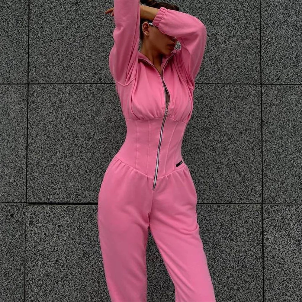 2023 Custom Uniform Casual Lapel Long Sleeve Zip Up Hoodie Workout Jumpsuits For Women 2023 Pants Set