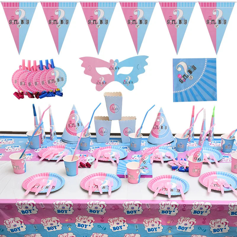 Disposable Plates Cups Napkins Tableware Set Boy or Girl Gender Reveal Theme Party Set