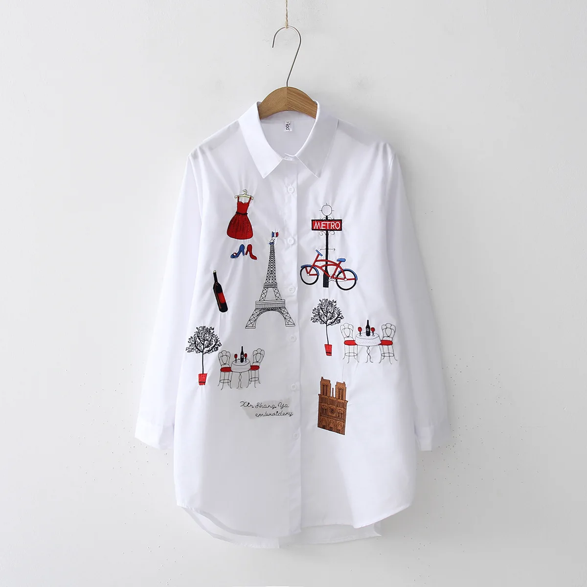 embroidered white shirt vintage BF long sleeved shirt medium length women