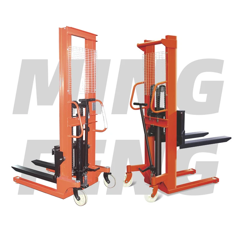 
mingfeng Semi 1.5ton manual hydraulic stacker 3-way semi electric pallet lifter stacker fork lift 