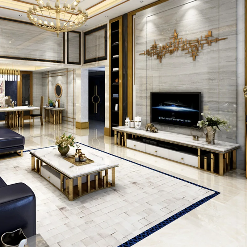 New European and American popular luxury golden stainless steel marble console tables modern