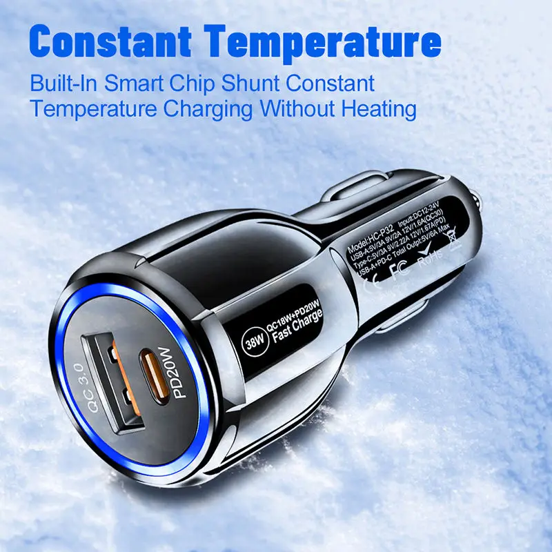 USB C Car Charger 38W 5V3A Type PD Quick Charge 3.0 Cigarette Lighter Phone Adapter For Phone 12 13 Pro Xiaomi Huawei Sa