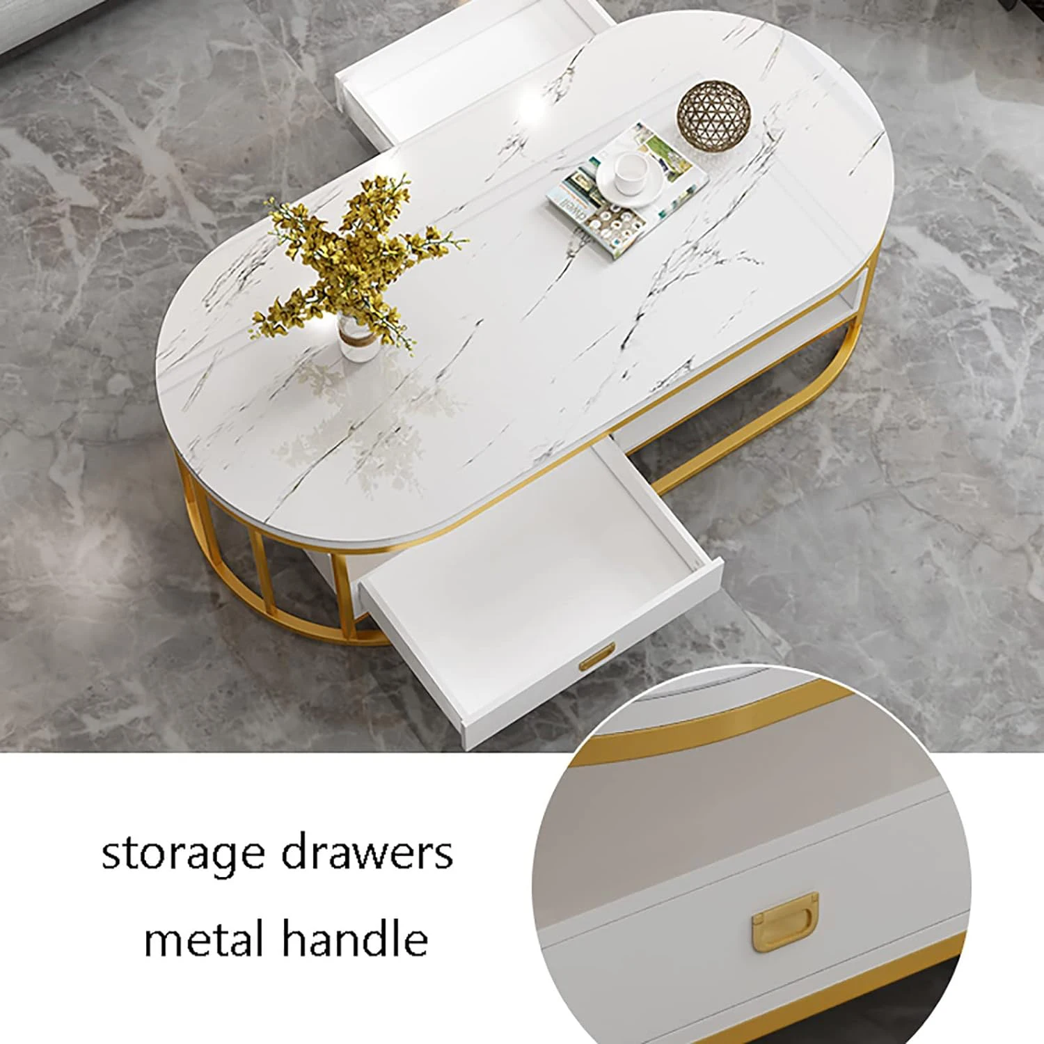 Home Furniture Center Luxury Wooden White Gold Frame Marble Top Coffee Table