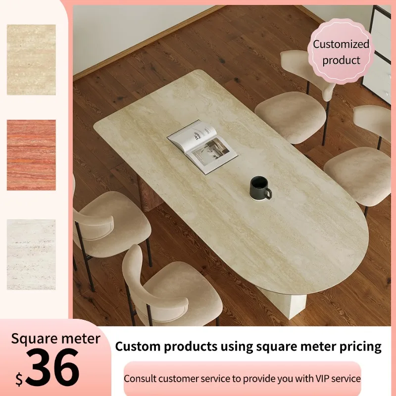 HZX Customizable round Marble Travertine Top Dining Table Polished Natural Stone Furniture for Kitchen Restaurant Villa Floor