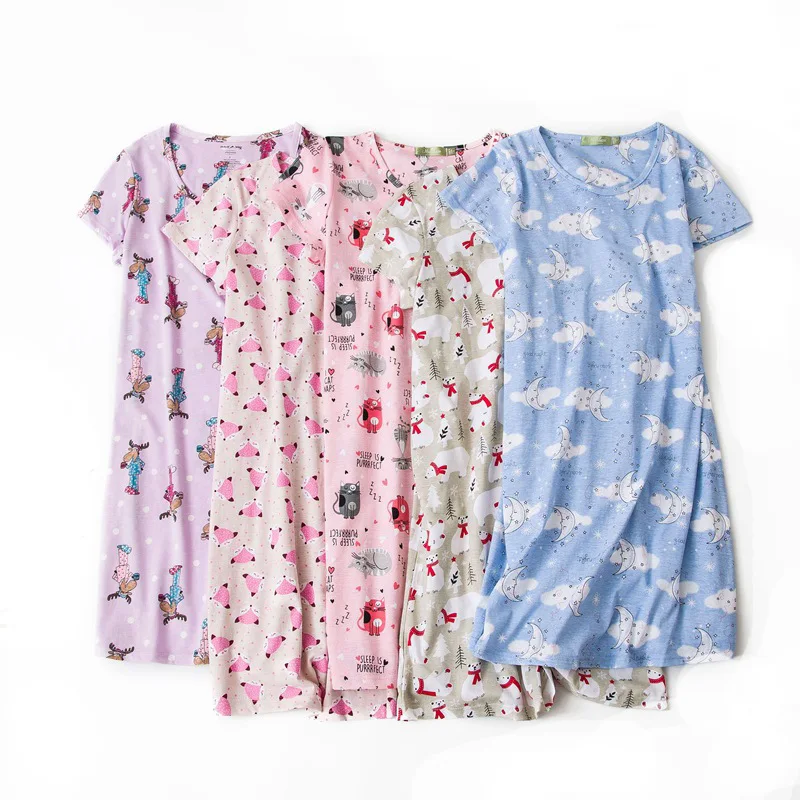 2020 New summer Short Sleeve Cartoon  Women Sleepwear Pajama Ladies One Piece Korean Pajamas Dress Wholesale