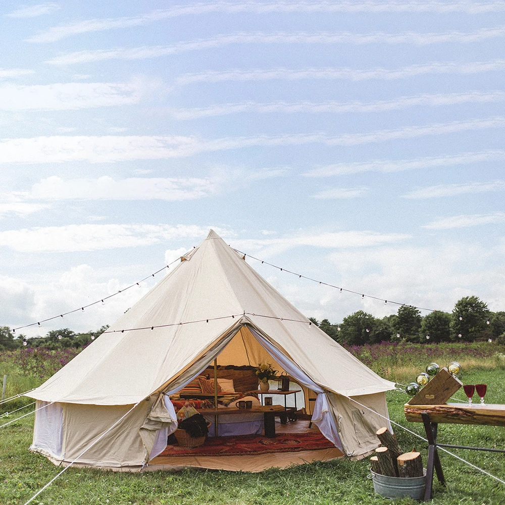Round shape outdoor camping cotton bell tent 4 season luxury canvas 10 person glamping family yurt tent with air vent