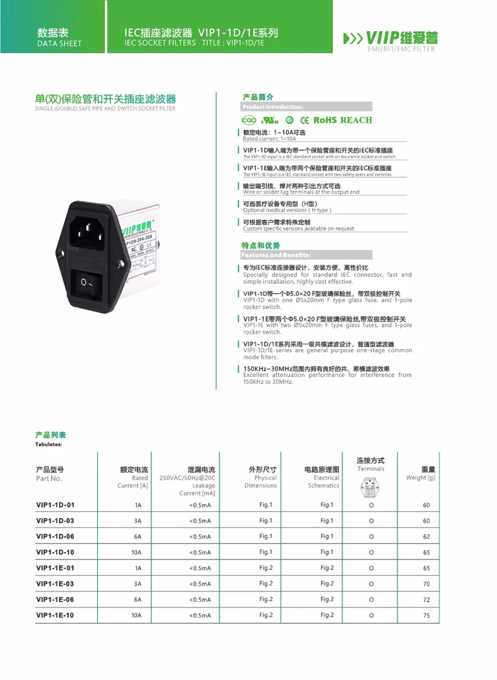 VIIP 1A 3A 6A 10A IEC Inlet with safety tube and switch EMI single phase Power Plug filter Professional