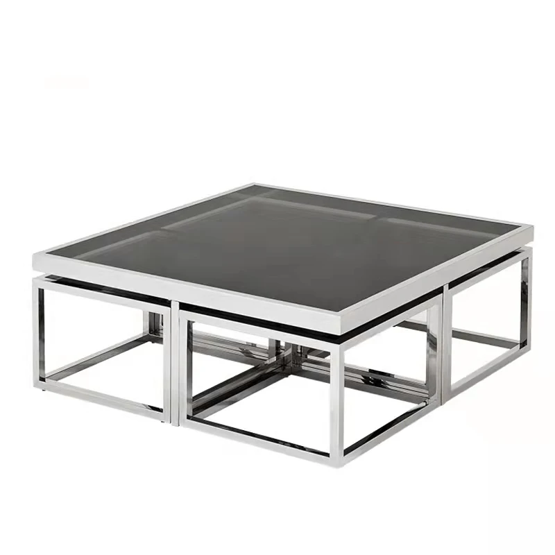 5 Pces Of Set Modern 1+4 Coffee Table Basse Gold Metal Stainless Steel Frame Living Room Furniture Square Glass Coffee Table Set