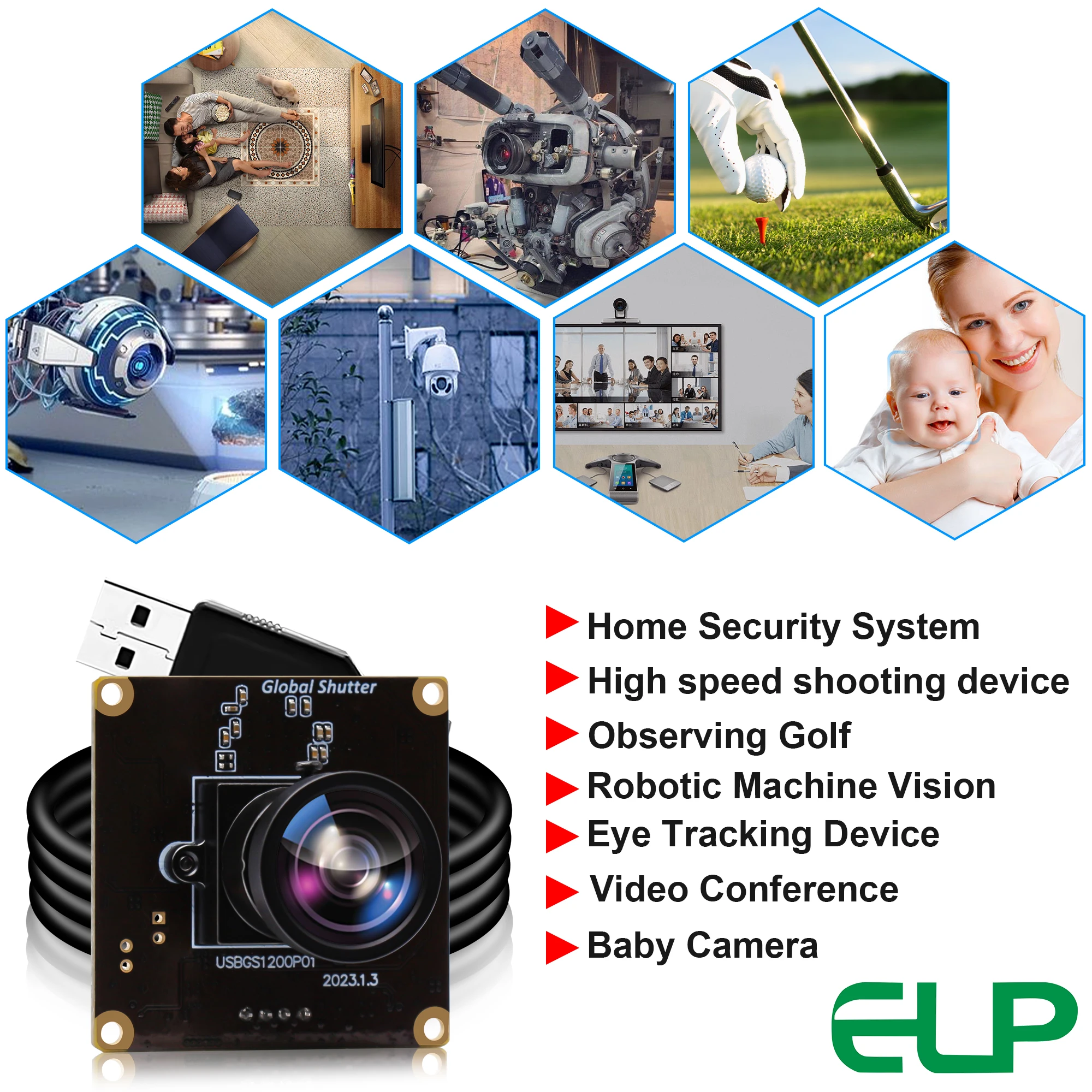 ELP High Speed Wide Angle Global Shutter USB Camera Module 1080P 90FPS Mini UVC USB2.0 Webcam Module with 120degree Lens For PC