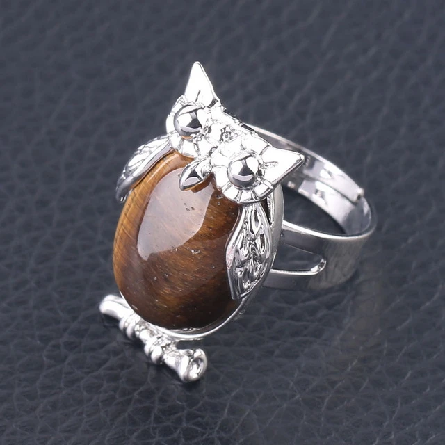 New Lovely Large Copper Bezel Oval Amethyst Adjustable Ring Animal Ring Owl Oval Crystal Ring