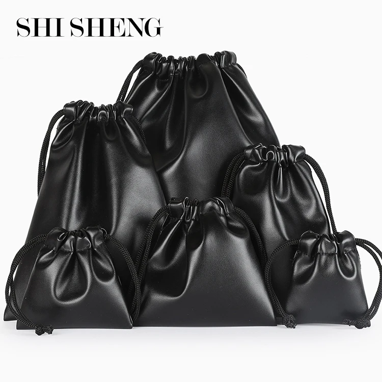 SHI SHENG High Quality Small Drawstring Black Pu Leather Pouch for Cosmetics Headphones Jewelry Earplugs Gift Packaging Bag