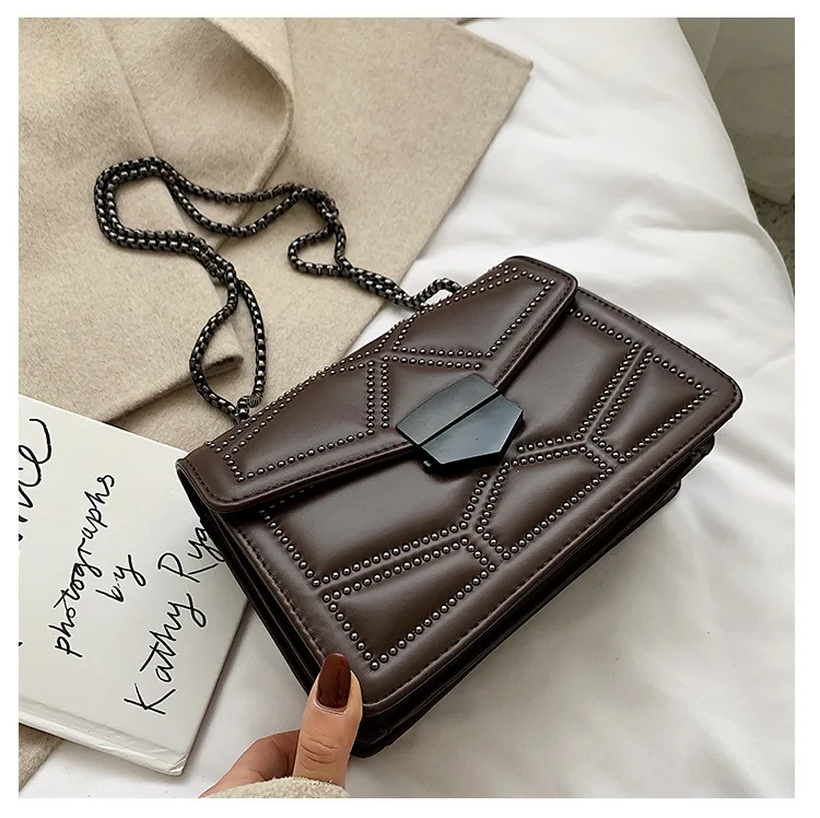 Classic Chain Crossbody Shoulder Strap Small Flap Handbags Pu Leather Ladies Hand Bags Rivet Fashion Woman Bags