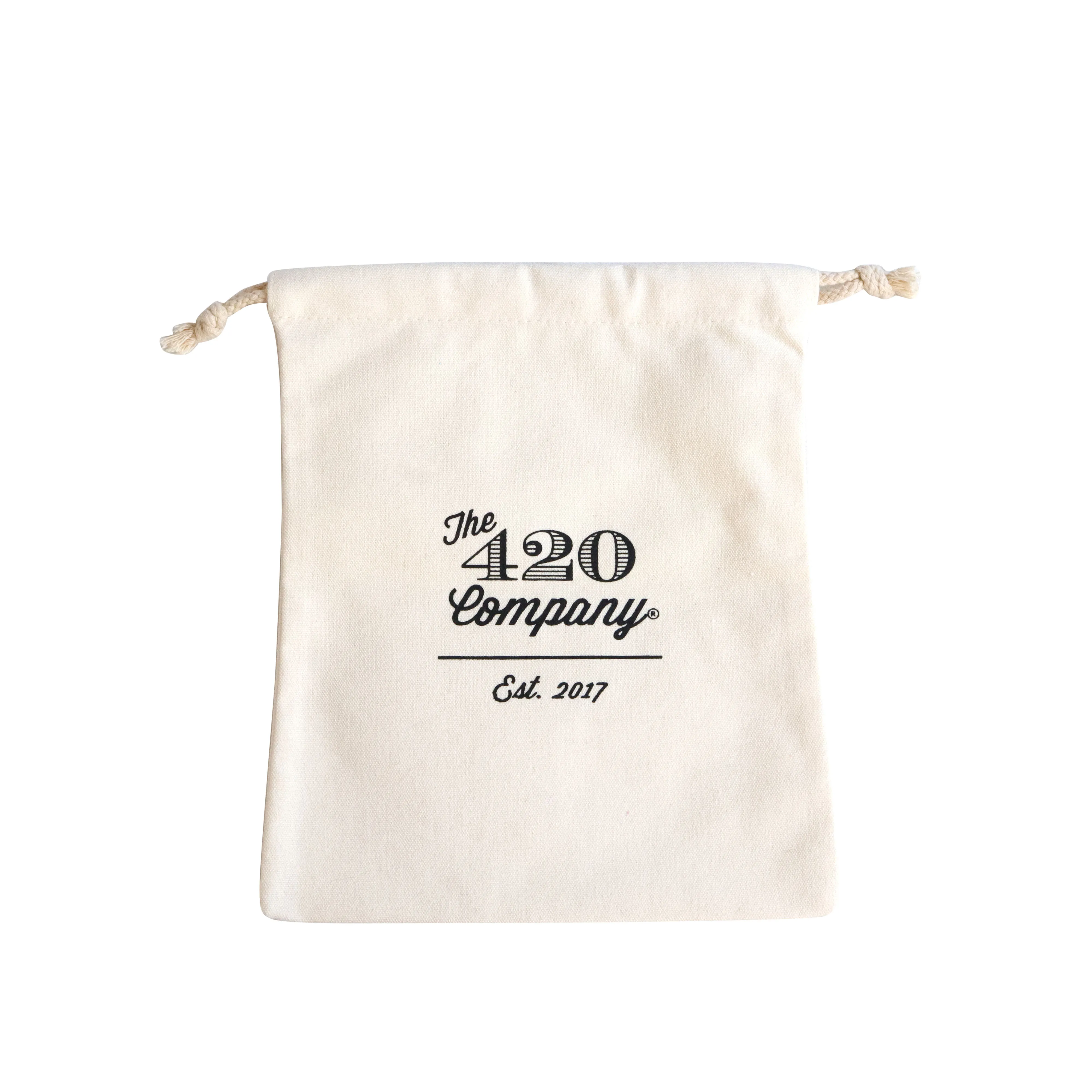 Ecofriendly large natural beige cotton canvas dust pouch with black logo printed hats handbag package drawstring bag