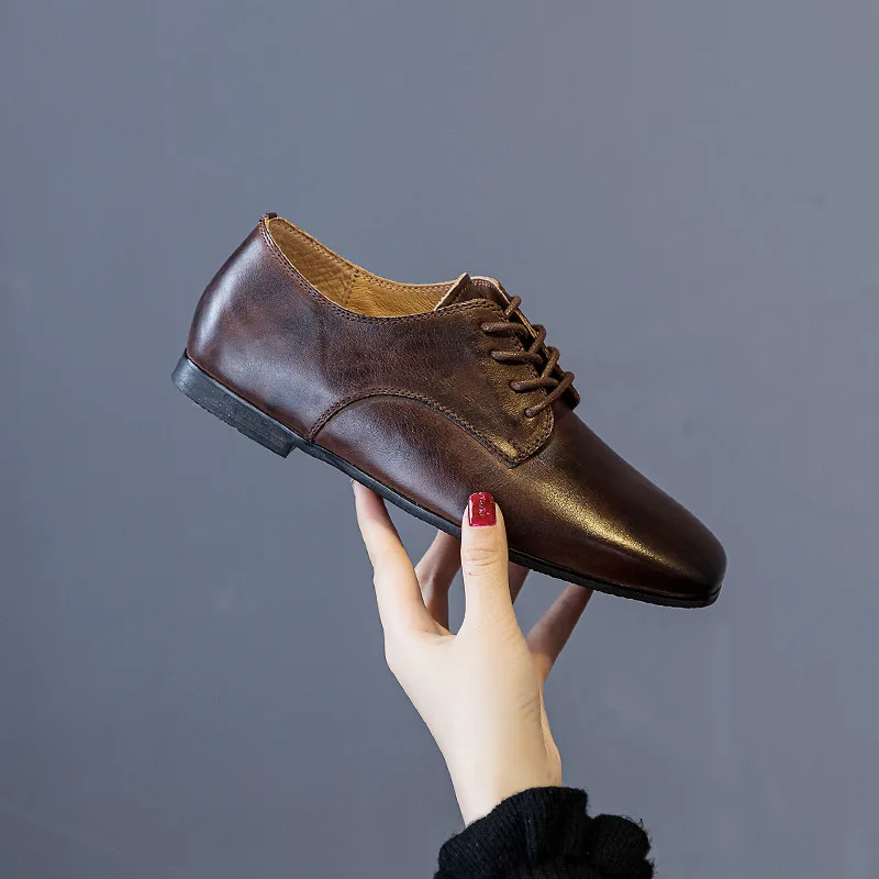 New Products All Season Formal Single Shoe Head Layer Cowhide Flat Lace-Up Office Shoes Commuter Nurse Shoes