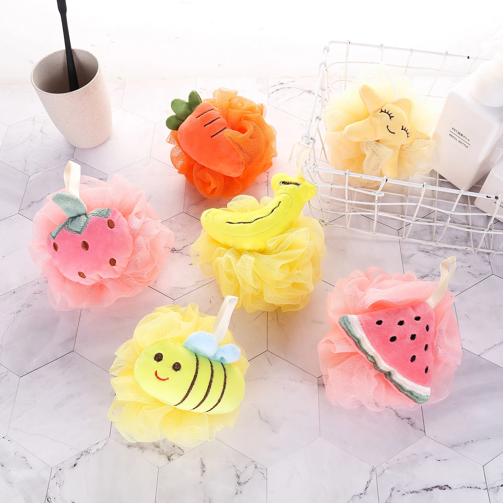 Симпатичная губка для ванны и душа в виде фруктов сетчатый пуф Loofahs душевой шар с мультяшным рисунком скребок тела мячи сетка