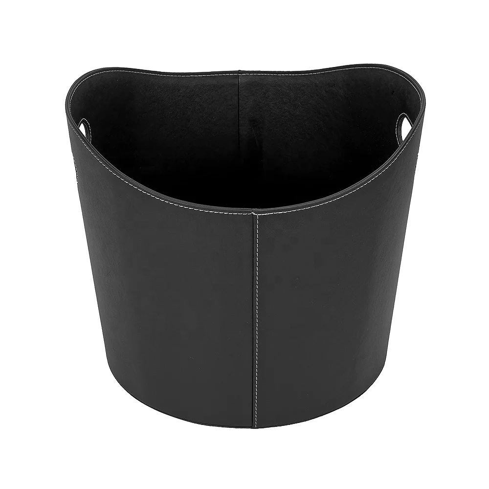 Black Sturdy Log Storage Bin Leather Firewood Basket with Handles
