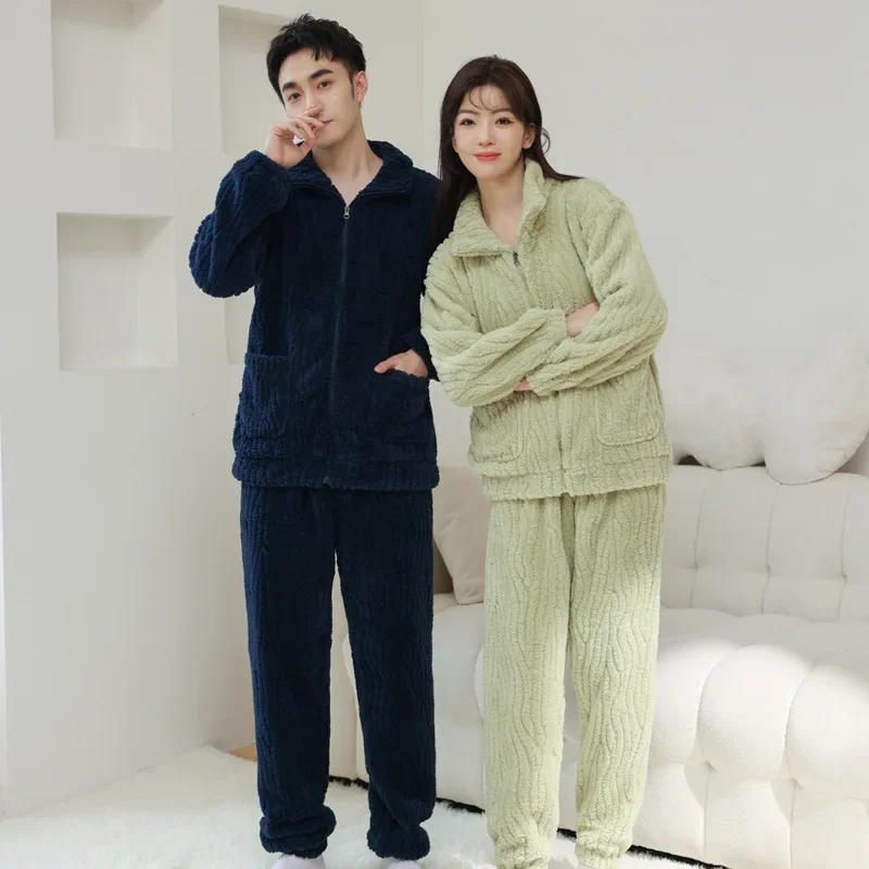 Winter Flannel Pajama Sets for Women Men Thicken Warm Sleepwear Suit Coral Fleece Nightwear Solid Color Casual Loungewear