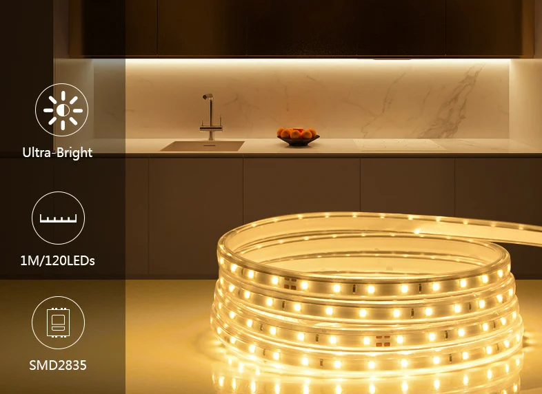 220V High Voltage LED Ceiling Lighting Strip Outdoor Waterproof 2835 Cable with 20CM Cut IP65 for Hotels Filaments Roads