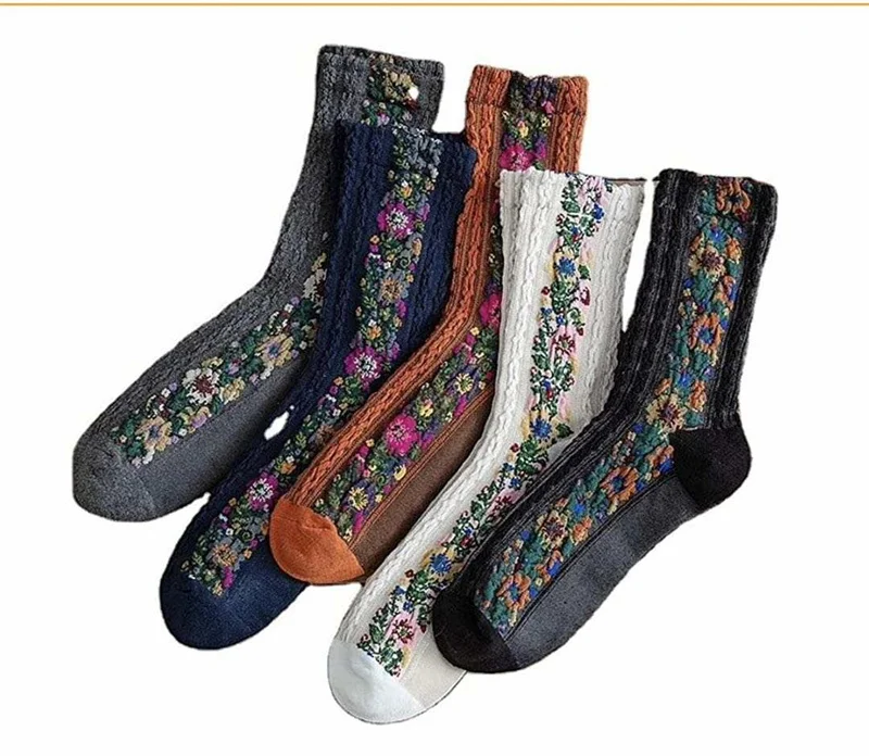 New Arrival  Floral Retro Style Novelty  Ladies Socks Flower Embroidered Vintage socks