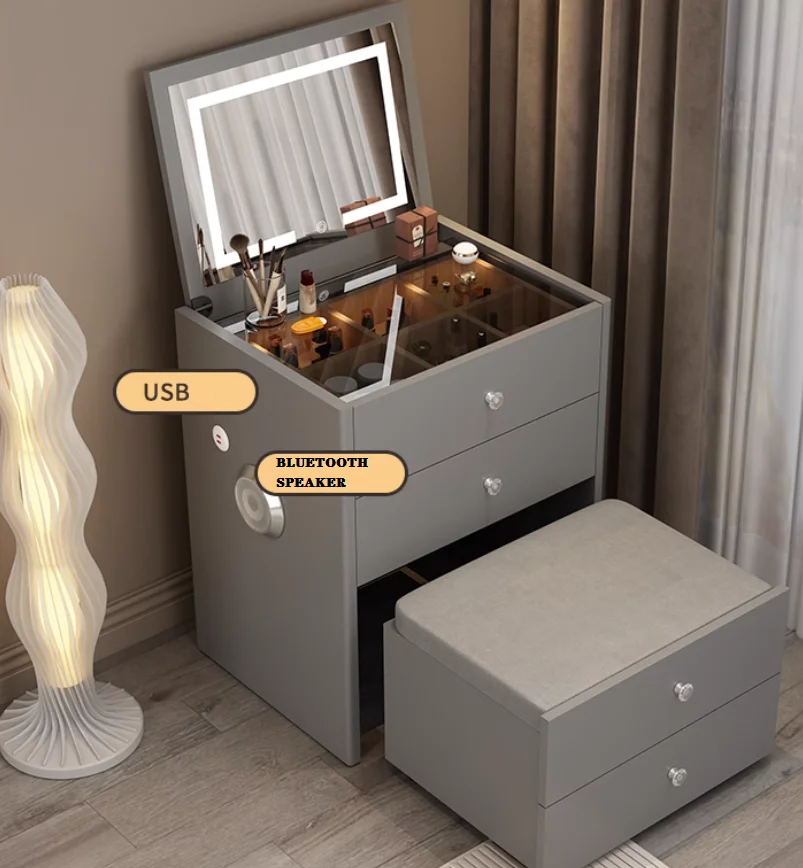 Modern Style Grey Color Dressing Table with Seat Mirror USB bluetooth Bedside Table Multafunction With Storage Bedroom Furniture