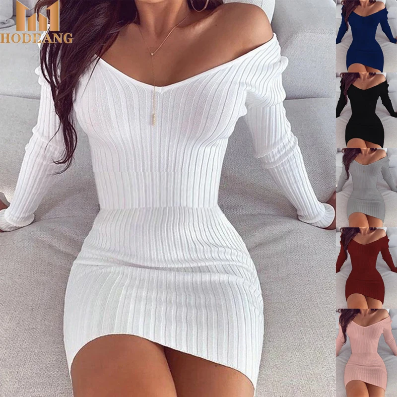 Women Sexy Ribbed Off Shoulder Bodycon Dress Long Sleeve Deep V Neck Dresses Tight High Waist Package Hip Mini Dress