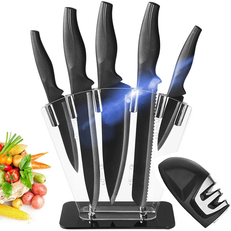 Amazon 7pcs stainless steel non-stick knife set with sharpener chef Kitchen Knives Set with Stand japanese knife set with block