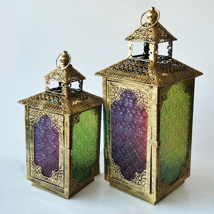 Moroccan Metal lantern with color glass Candlestick Craft decorative stand metal lantern