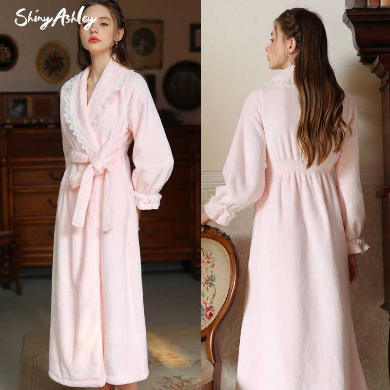 Long bathrobe for autumn-winter Princess with a French superior sense of warm dressing gown for girls with long sleeves pajamas