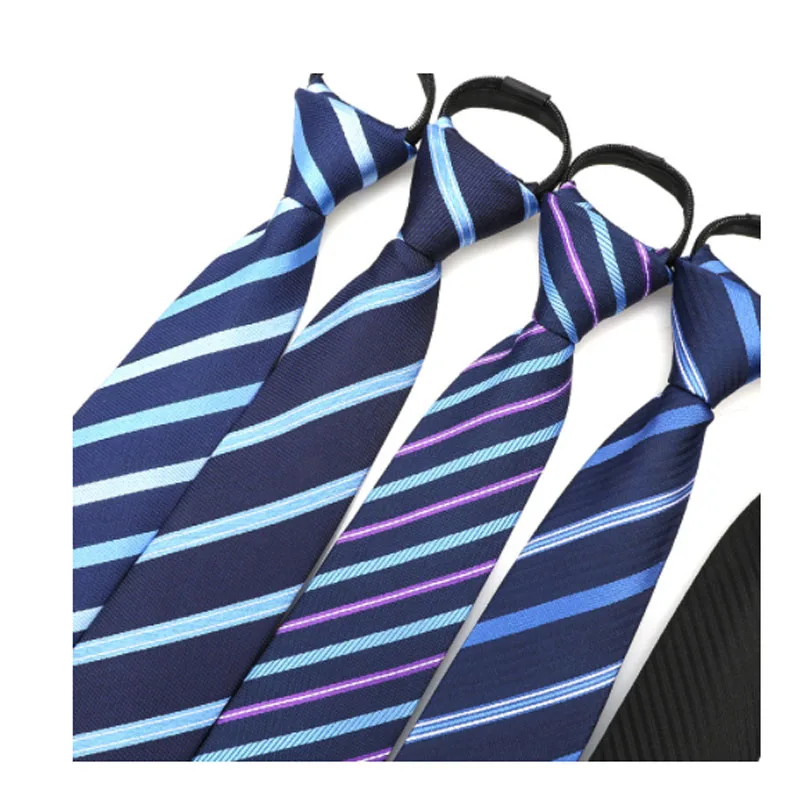 8cm men stripe navy blue polyester silk business tie zipper necktie pred knot shirt accessories cravat gravate