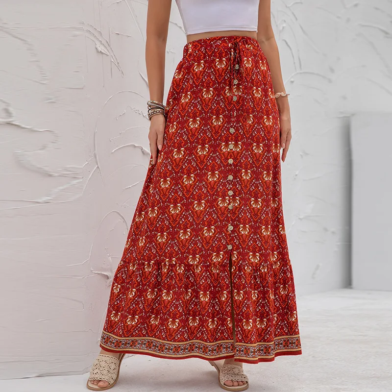 Women Summer High Waist Button Up Skirt Casual Long Maxi Skirts Asymmetrical Skirt