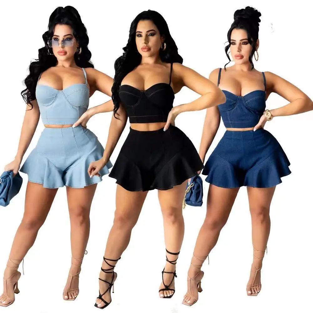 
Summer 2021 trendy jeans outfits 2 piece ladies sexy denim spaghetti strap zipper top and ruffled shorts set 