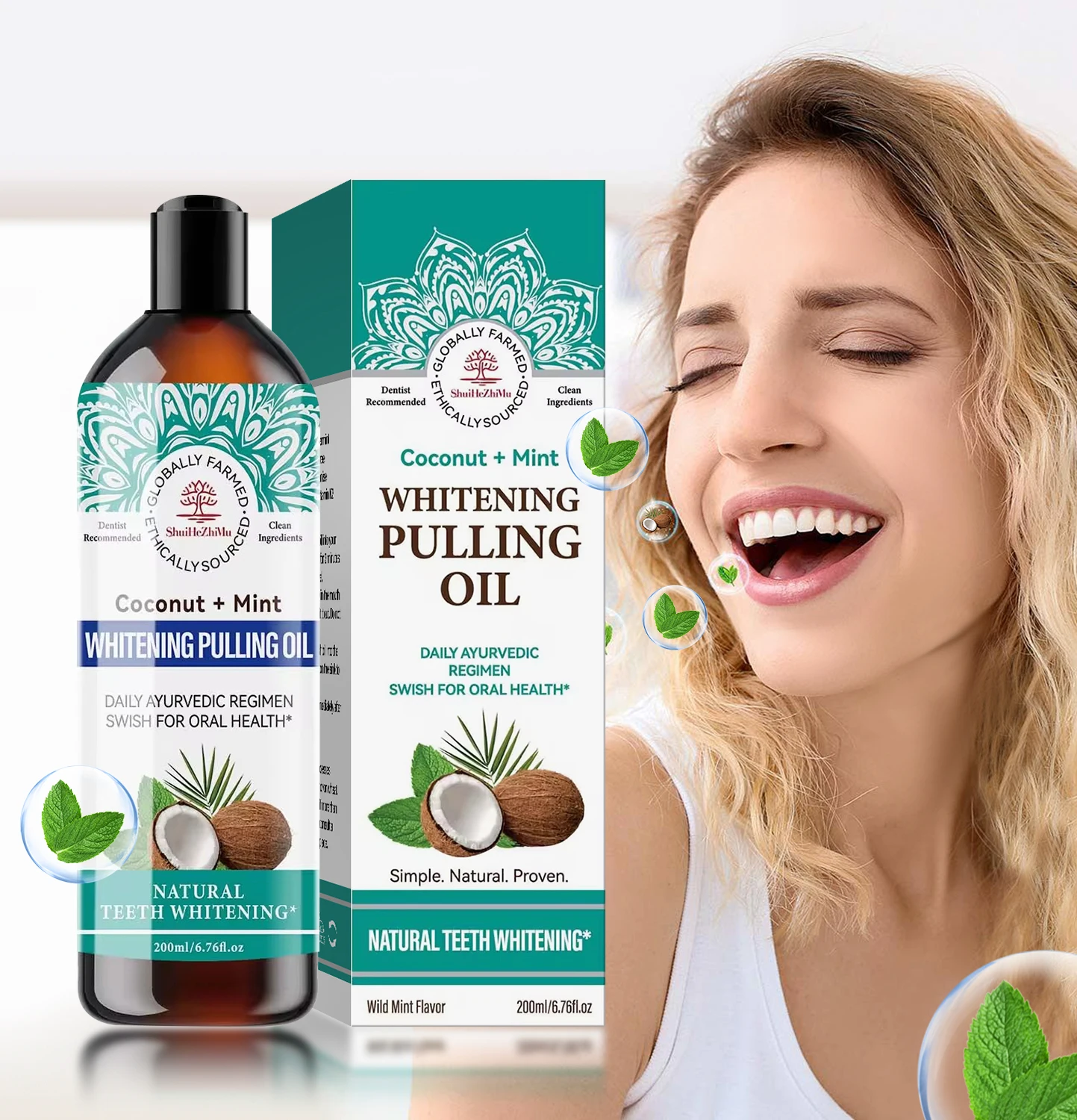 Custom Plant Essential Oils Mouth Wash Fresh Breath Teeth Whitening Mint Coconut Oil Pulling Mouthwash
