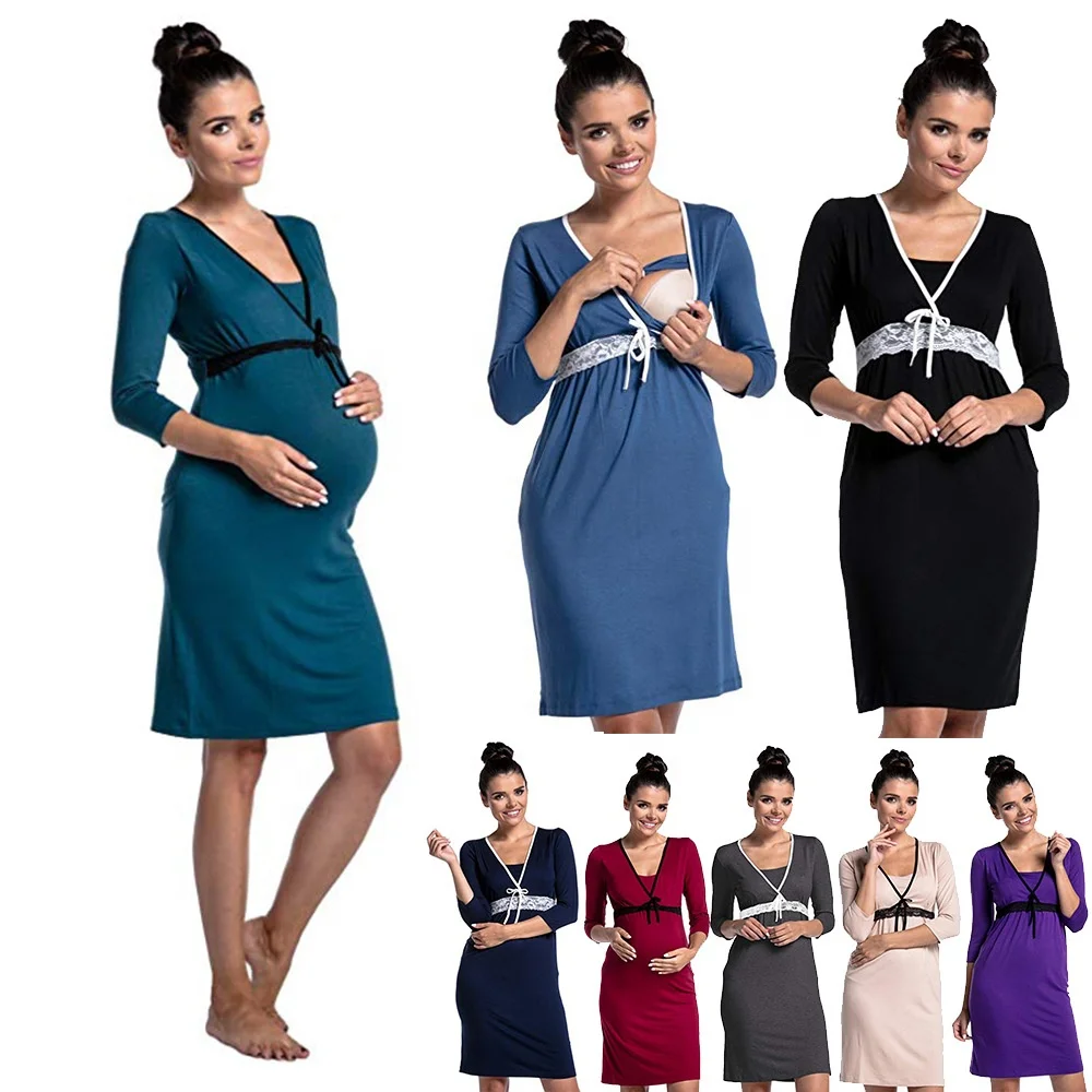 
Fashion lace stitching multi functional breastfeeding dress Pregnant women pajamas care suit Lady Maternity Dress women dress  (62359788283)